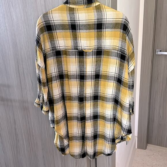 $128 ANTHROPOLOGIE / MAEVE yellow black plaid oversized button up shirt … - Picture 5 of 9